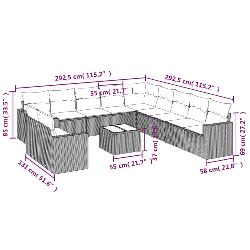 vidaXL Garden Sofa Set Brown PE rattan, powder-coated steel, tempered glass - 21.7 x 21.7 x 14.6