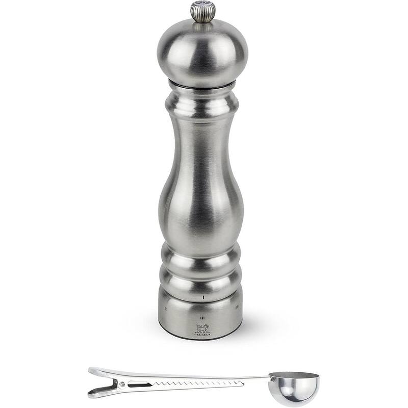 Peugeot Paris Chef u'Select Stainless Steel Salt Mill - With Stainless Steel Spice Scoop/Bag Clip (9 -Inch, Salt Mill) - Silver - 2 Piece