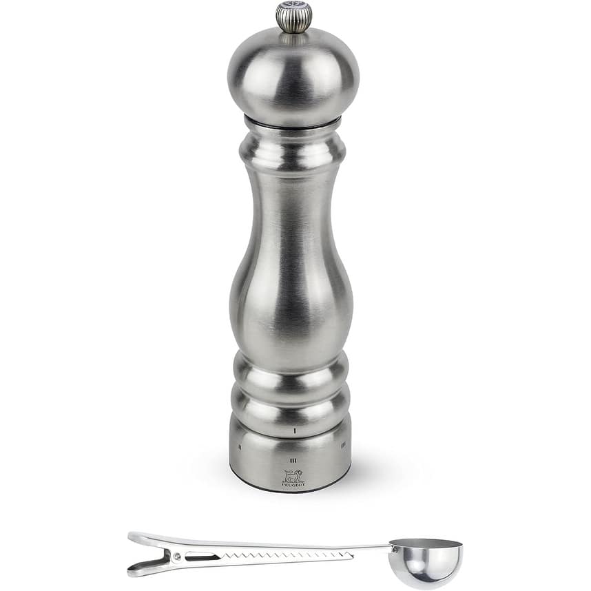 Peugeot Paris Chef u'Select Stainless Steel Salt Mill - With Stainless Steel Spice Scoop/Bag Clip (9 -Inch, Salt Mill)