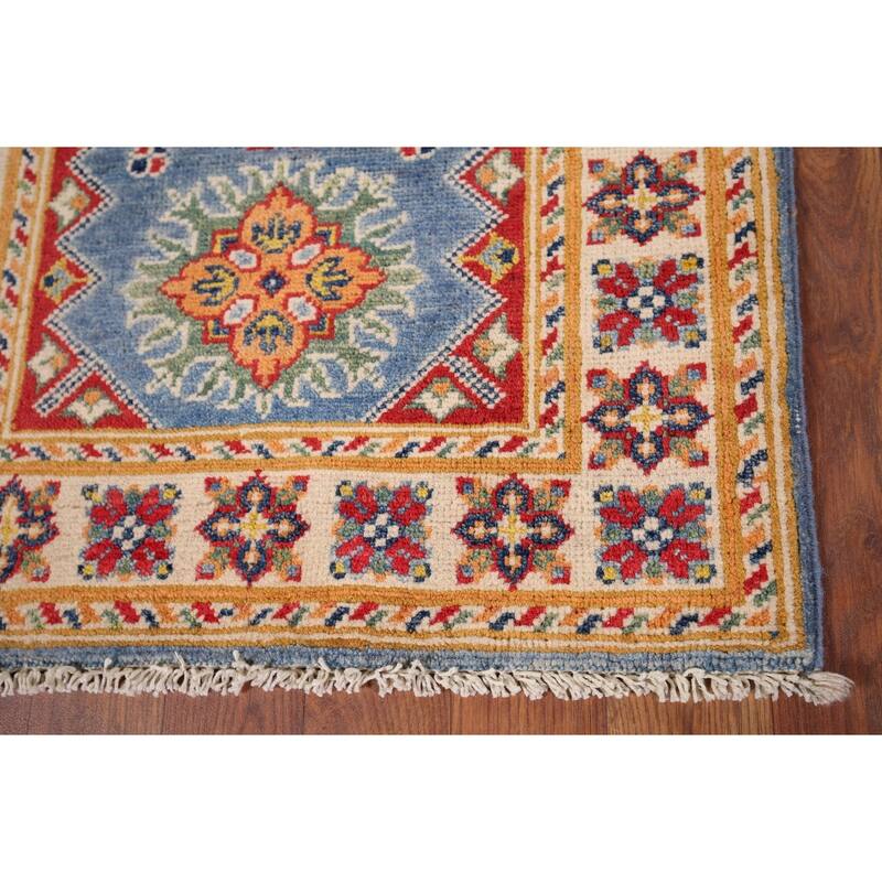 Blue Geometric Kazak Oriental Foyer Rug Hand-Knotted Wool Carpet - 2'0" x 2'9"