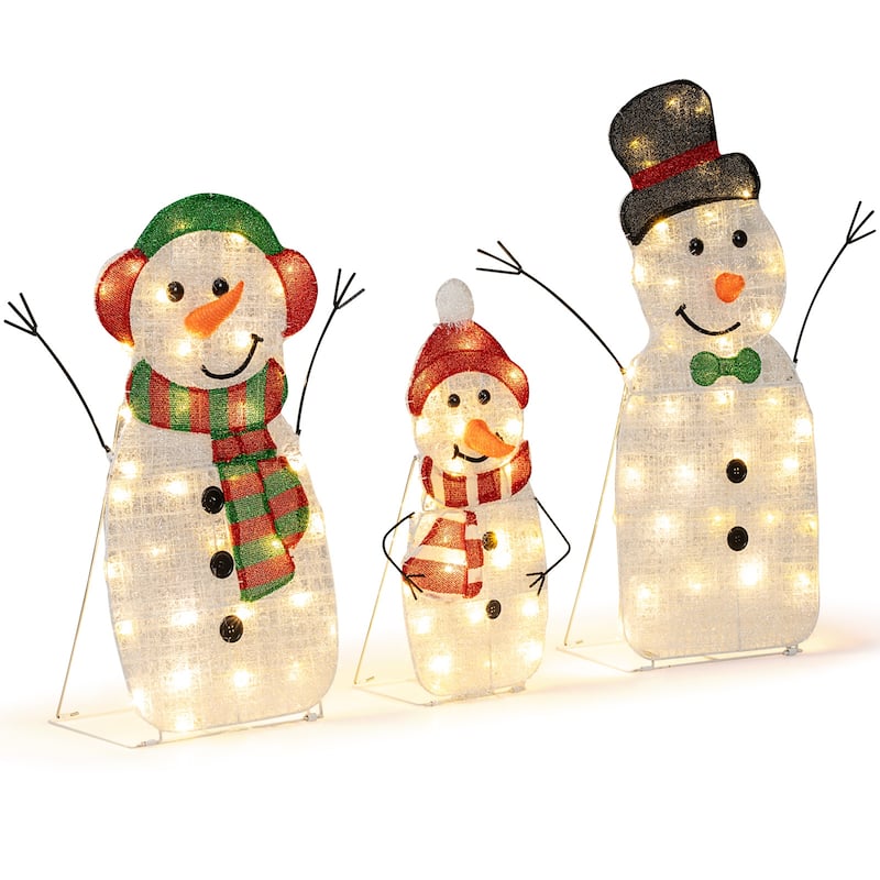 Gymax Set of 3 Pre-Lit 2D Snowman Set w/LED Lights for Home Lawn Yard - Multi-color