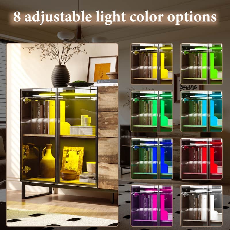 Bookshelves Sideboard Cabinet with Glass Doors and Rustic Wood Drawers 63" Credenza Storage Cabinet