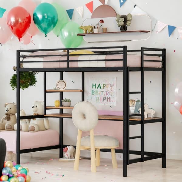 slide 2 of 26, Twin Size Metal Modern Loft Bed With Desk and Shelve,Solid Construction Black