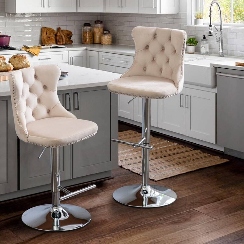 Velvet Upholstered Nailheads Tufted Swivel Bar Stools (Set of 2)