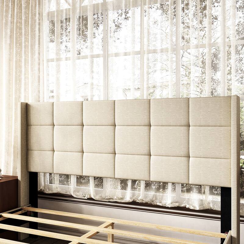 Farmhouse Queen Bed Frame Upholstered Button-Tufted Headboard Beige