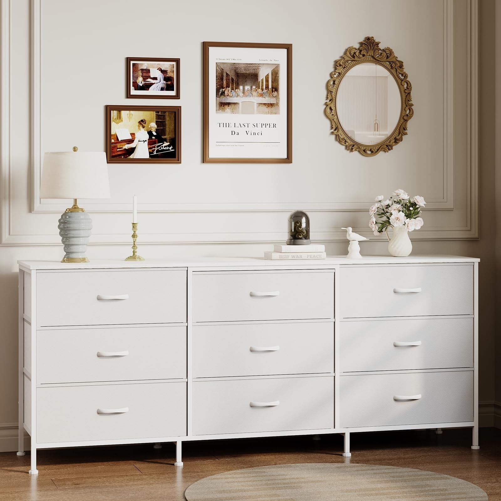 63" TV Stand Dresser with 9 Fabric Drawers for TVs up to 70", Entertainment Center with Storage Organizer