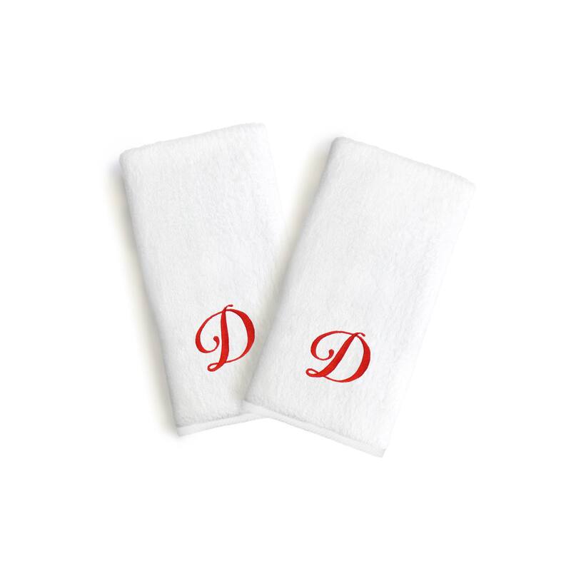 Authentic Hotel and Spa 2-piece White Turkish Cotton Hand Towels with Holiday Red Script Monogrammed Initial - White/D