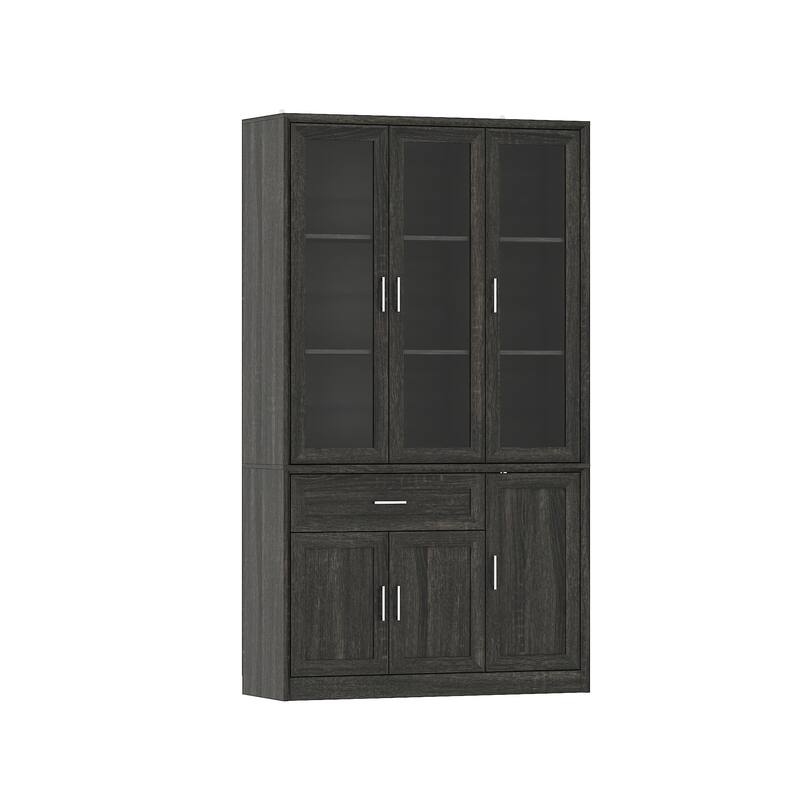 Modular Glass Door Bookcase Wall Unit with Storage Cabinets and Drawers, Dark Oak Display Hutch for Living Room or Home Office