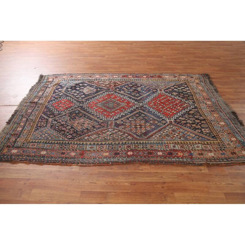 Pre-1900 Antique Blue Qashqai Persian Area Rug Handmade Wool Carpet - 5'1"x 7'8"