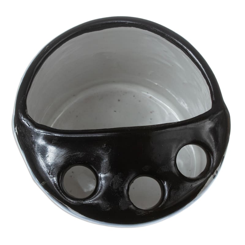 Novica Handmade Monochrome Flowers Ceramic Toothbrush Holder - Black