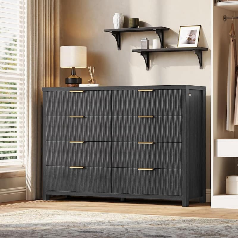 Fluted Bedroom Dresser Drawers TV Stand Drawer Organizer - Black - 8-drawer