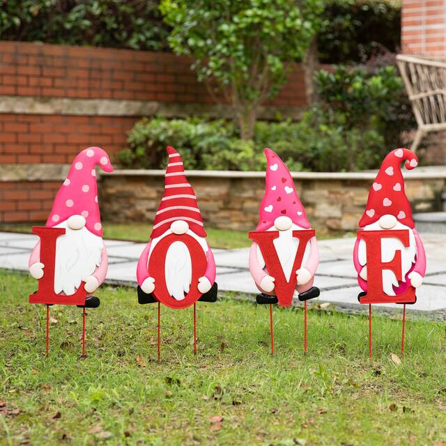 Glitzhome Set of 4 Metal Valentine's LOVE Gnome Yard Stake Hanging Sign