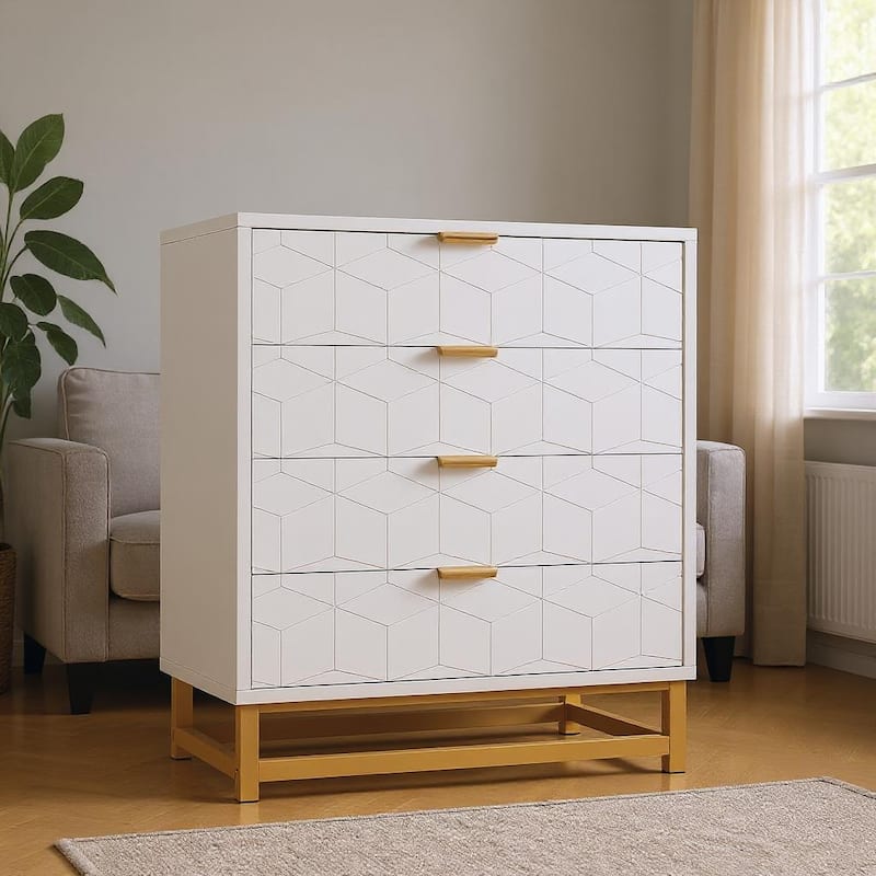 4 Drawer Dresser, with Metal Legs and Gold Handles - White