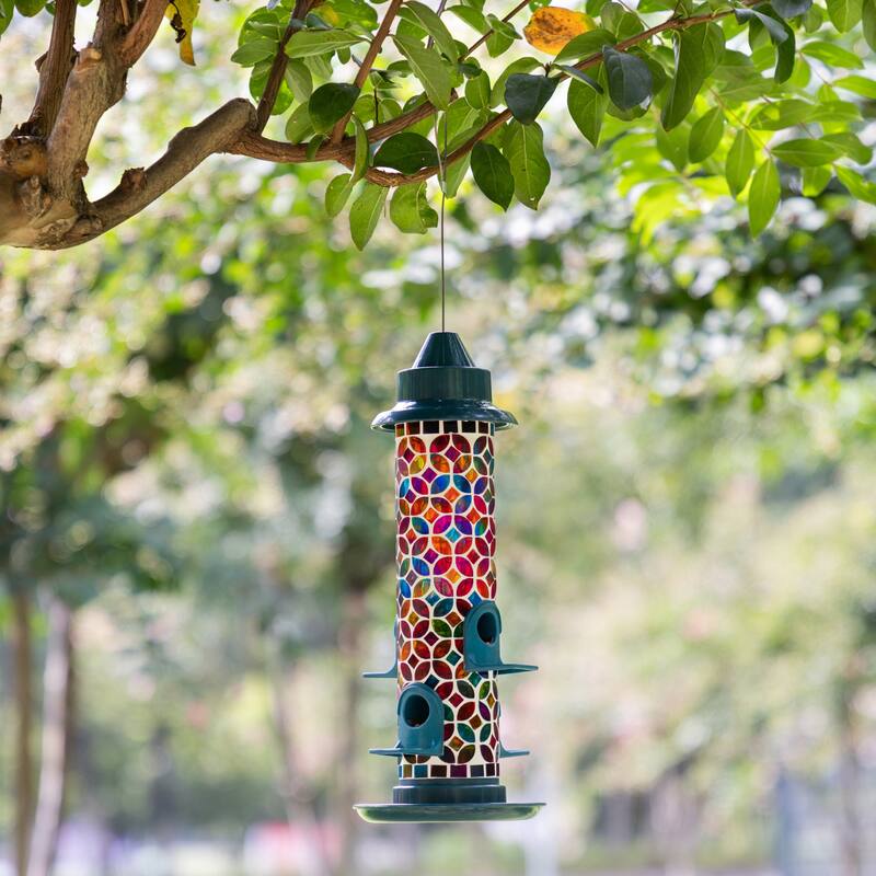 Glitzhome 20''H Tall Hanging Blue/Green Mosaic Birdfeeder