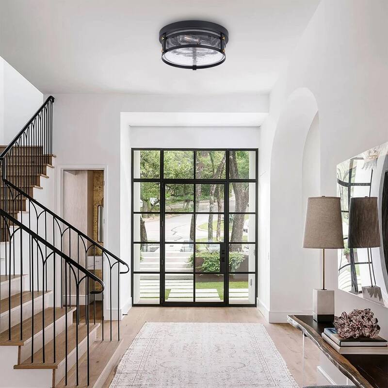 Farmhouse Matte Black 2-Light Seeded Glass Flush Mount Ceiling Lighting Fixture