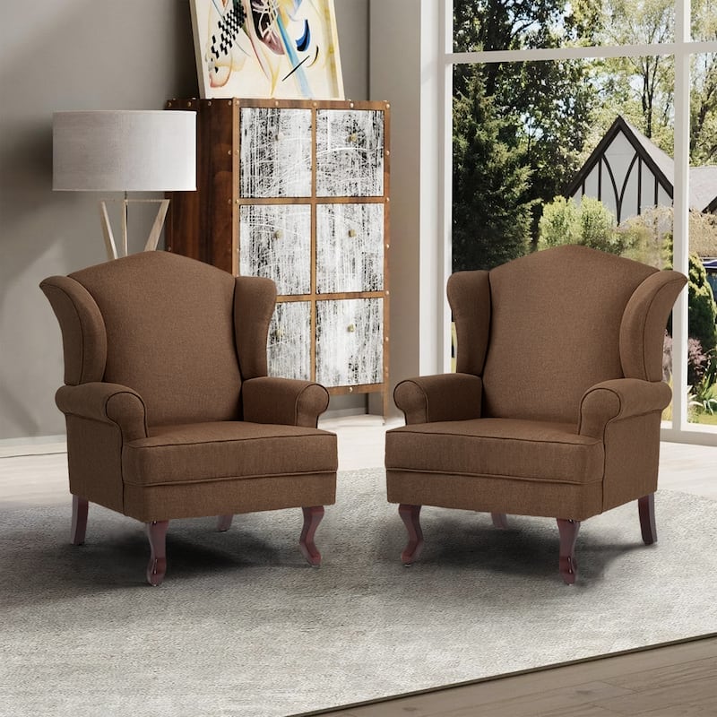 2 Set Traditional Wingback Accent Chairs Upholstered Armchair - Brown