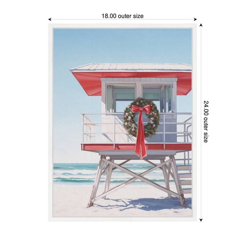 Kate and Laurel Framed Canvas Holiday Wreath Beach Lifeguard Tower by The Creative Bunch Studio