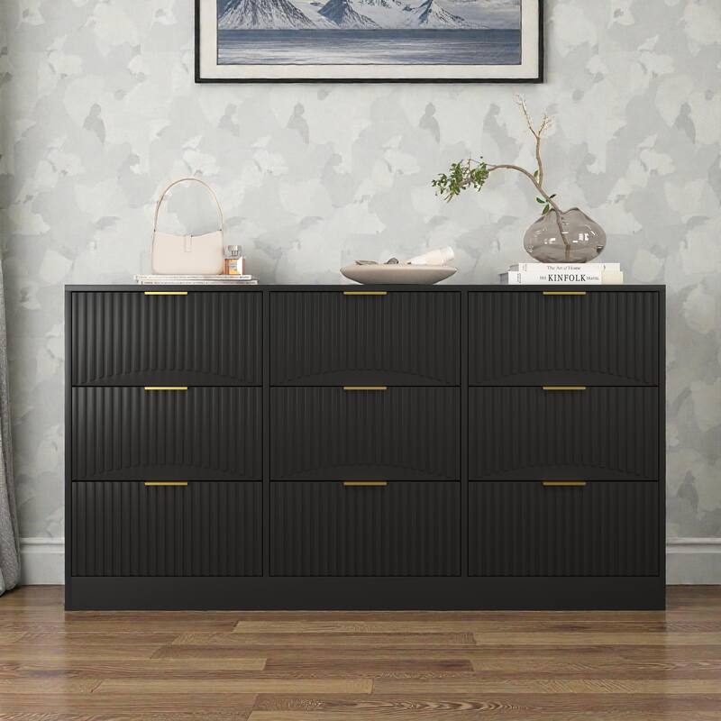 Modern 9 Drawer Dresser with Wavy Drawer Fronts, 63 Inch Wide Wooden Chest of Drawers for Bedroom Living Room - Black