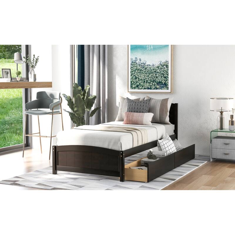 Twin Size Platform Bed with Two Drawers, Minimalist Design, Solid Pine Wood Frame