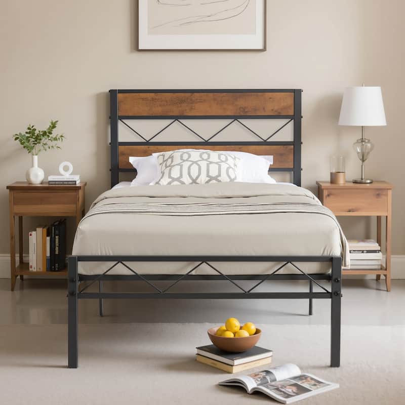 VECELO Vintage Metal Platform Bed Frame with Wood Headboard, Storage Bed, Noise-Free, No Box Spring Needed, Twin/Full/Queen Size