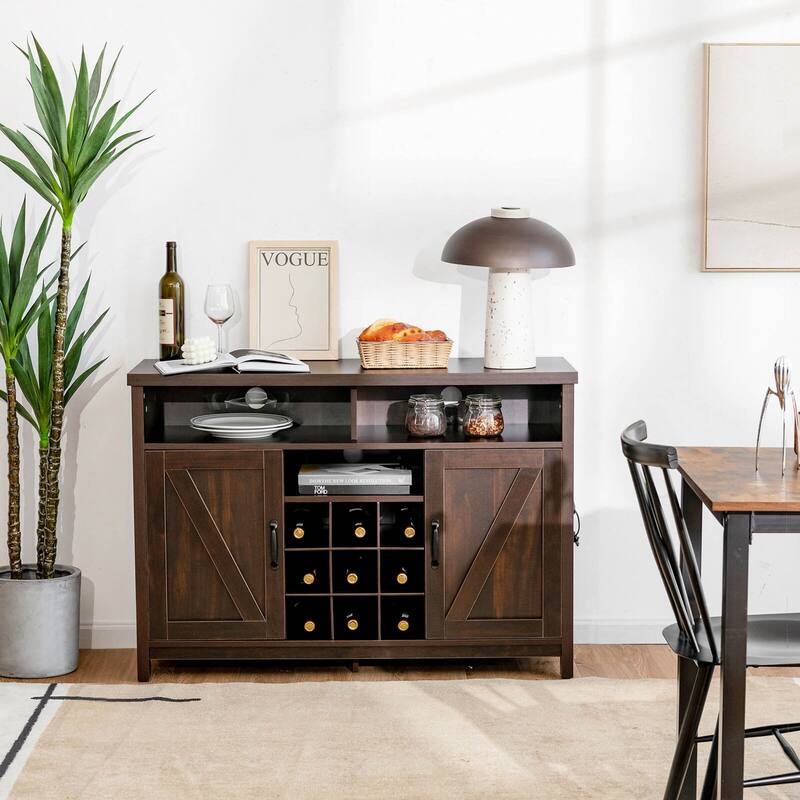 Gymax Buffet Storage Cabinet Farmhouse Sideboard w/9-Bottle Wine Rack