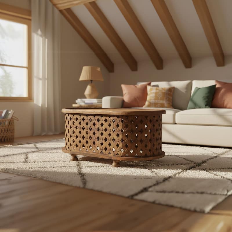 36 Inch Handcrafted Oval Coffee Table, Intricate Cutout Design, Antique Brown