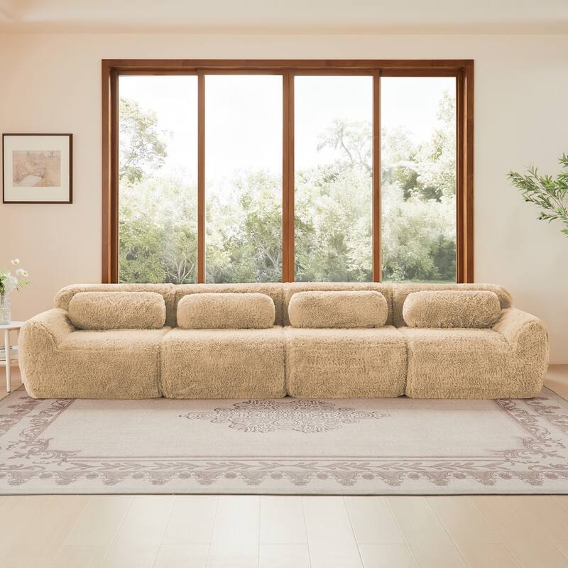Roomfitters 114 Inch Modular Floor Sofa, Fluffy Plush Sectional with Ottoman, Chocolate - Light Khaki 149''