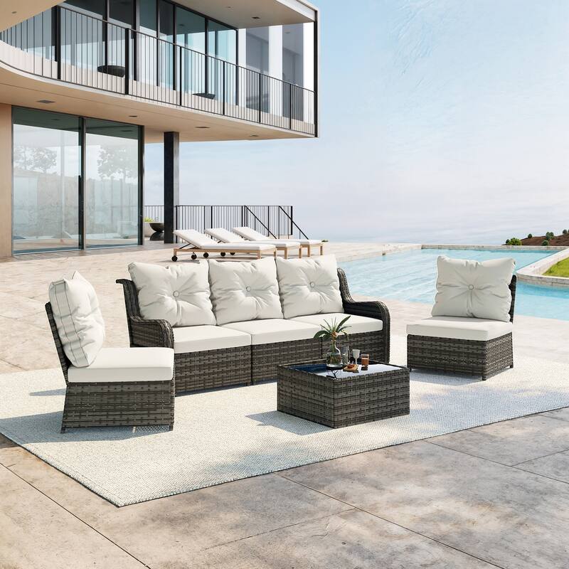 5-Person Outdoor Wicker Patio Conversation Sets with Table and Cushion