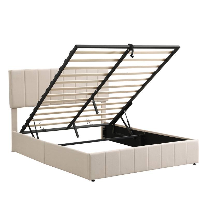 Hydraulic Lift Up Storage Bed, Linen Upholstered Platform Bed Frame with Vertical Panel Headboard, Wooden Slat Support