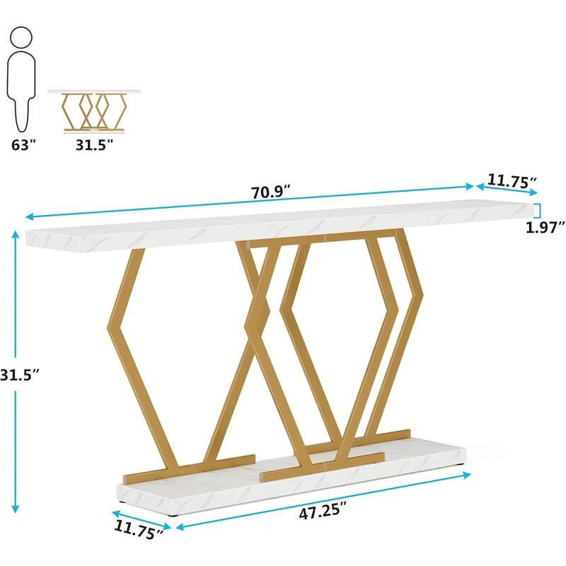 70.9 Inch Extra Long Sofa Console Table Faux Marble Tabletop Metal Frame Modern Style for Living Room/Entryway/Hallway