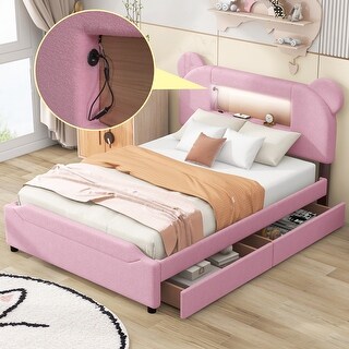 Playful Full Bed with LED Upholstered Cartoon Ears Headboard, USB, and Storage Drawers