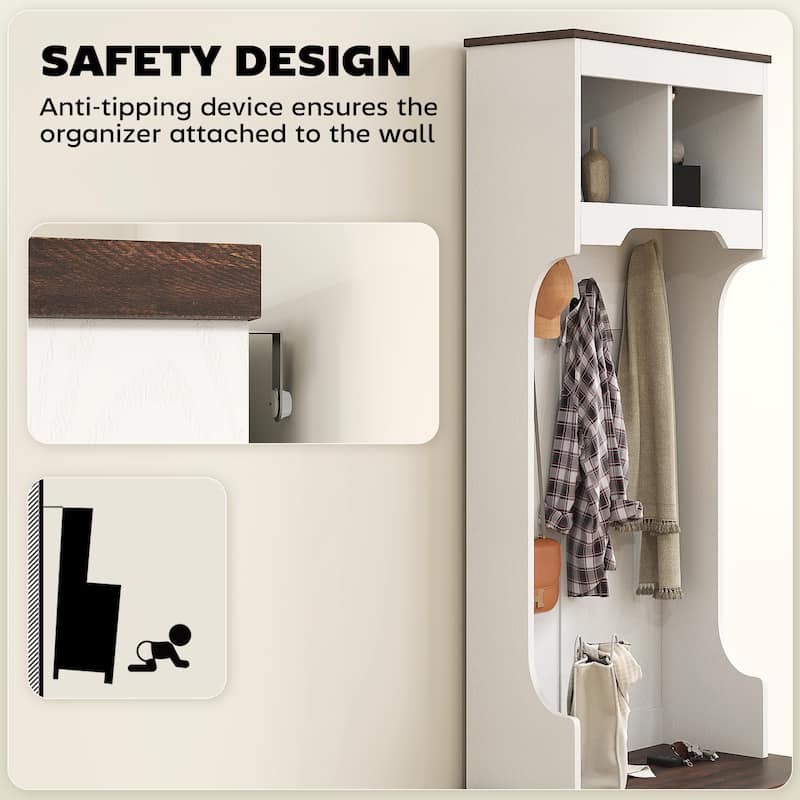 Multi-Functional Hall Tree with Bench Coat Rack Shoe Storage and Top Storage Compartments - 23.1" W x 15.7" D x 70.9" H