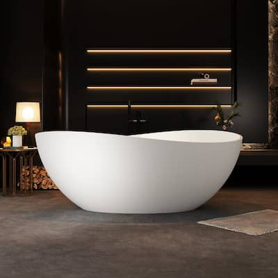 ABRUZZO 63" x 37.4" Matte White Solid Surface Freestanding Bathtub with Center Drain