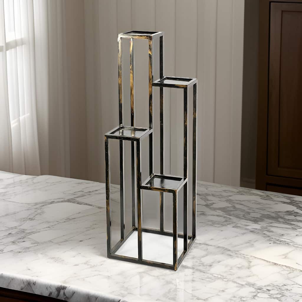 4 Tier Cast Iron Frame Plant Stand with Tubular Legs, Black and Gold
