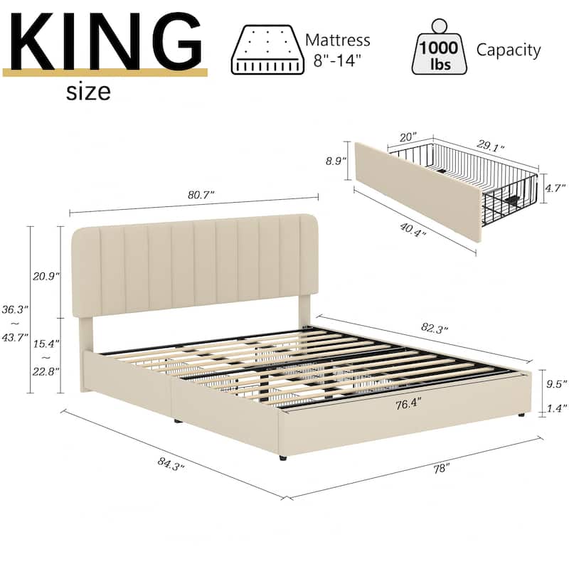 Javlergo Upholstered Platform Bed Frame with Storage Drawers and Adjustable Headboard, No Box Spring Needed