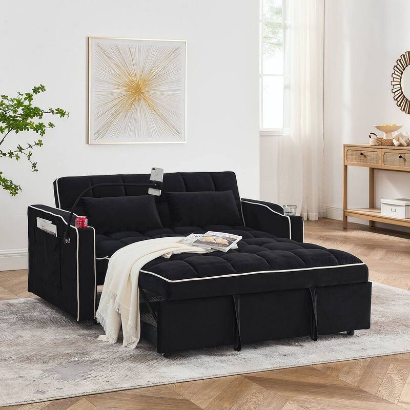 55.51'' Modern Versatile Foldable Sofa Bed With Adjustable Back and USB Port and Ashtray and Swivel Phone Stand - Black