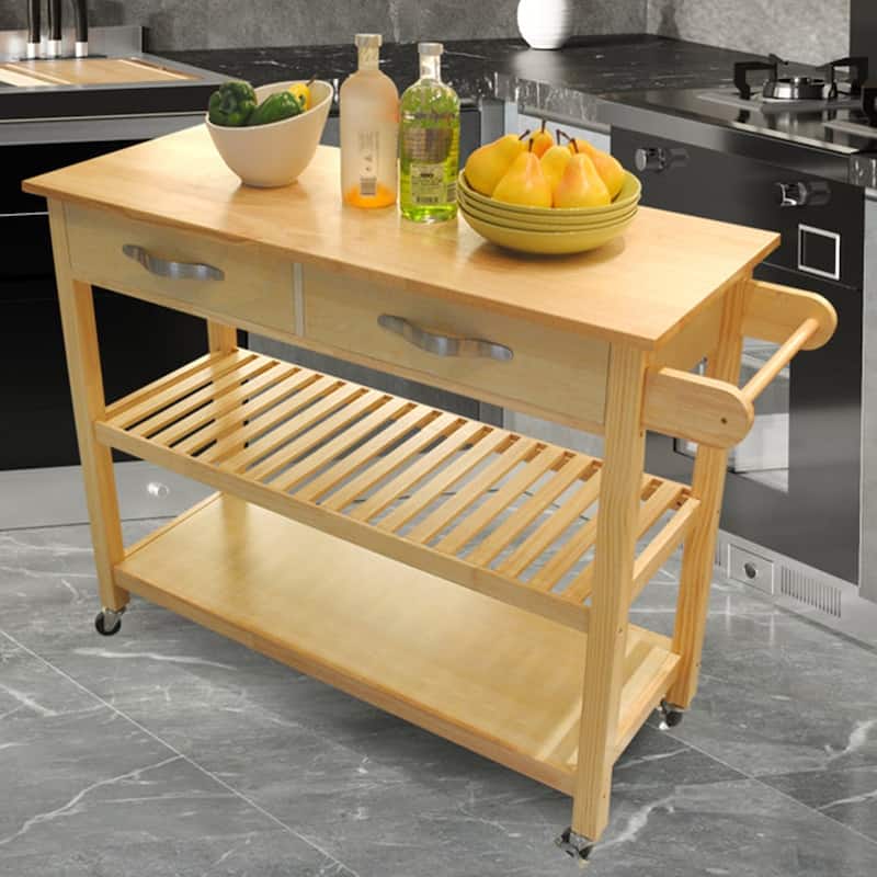 45" Kitchen Island Cart with Wheels, 2 Drawers & Open Storage Shelves - 45 x 17 x 35 inches