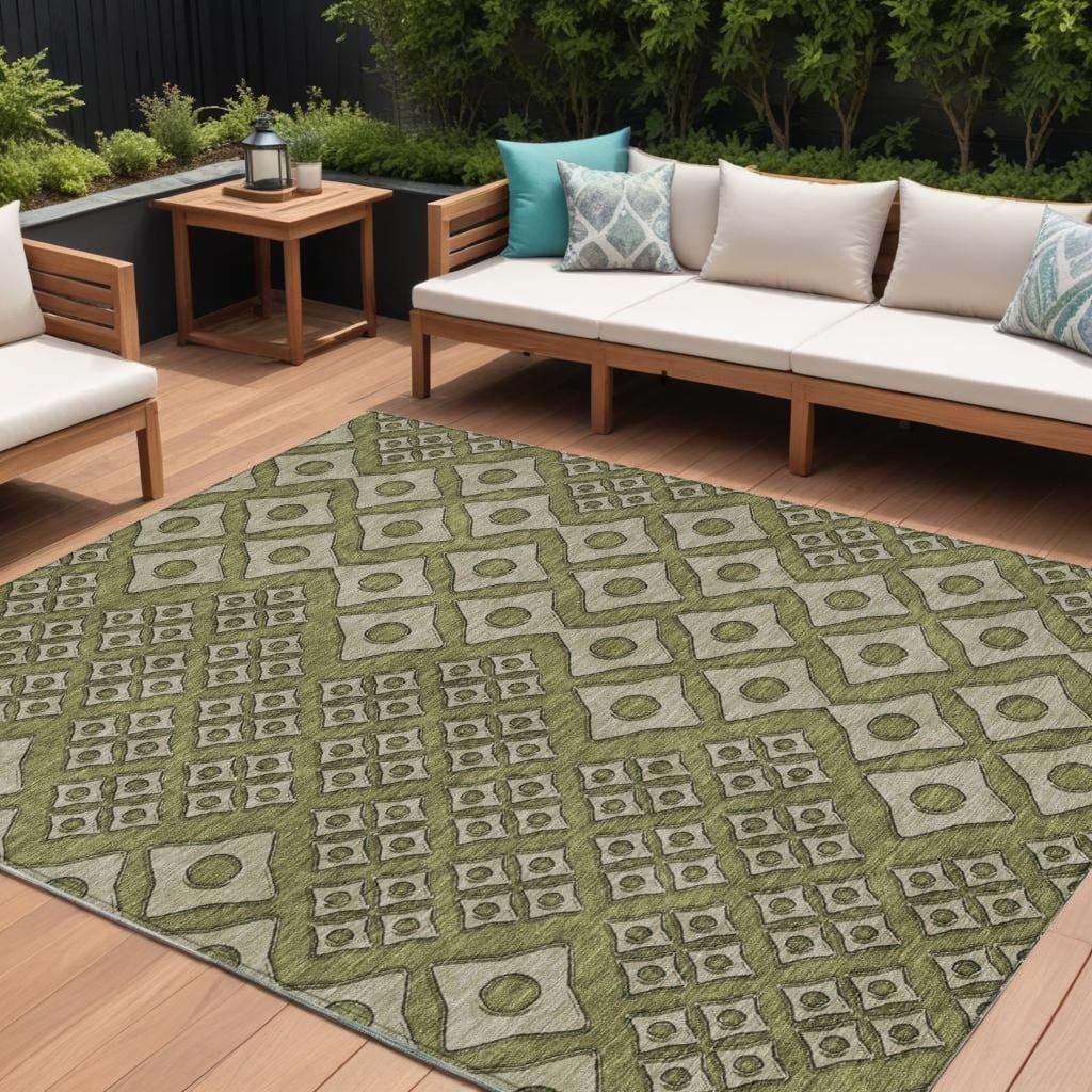 Olive Green And Gray Geometric Washable Indoor Outdoor Area Rug - 8' X 10'