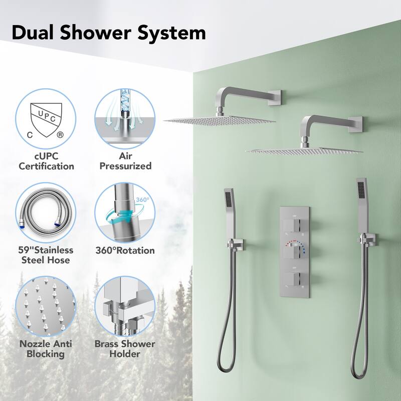 EVERSTEIN Dual Shower System 12" Rain Shower Head with High Pressure Handheld Sprays