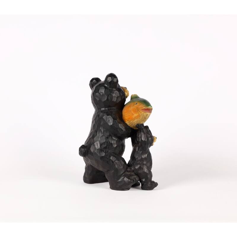 11.25" Black Bear and Cub Holding Fish "Welcome" Sign Statue