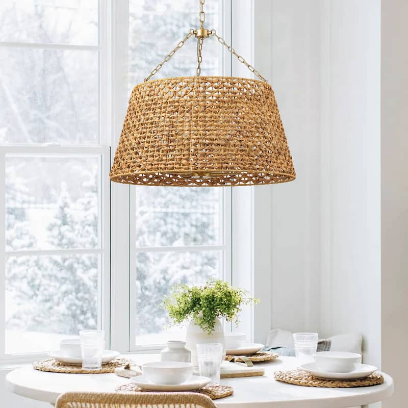 Farmhouse Painted Gold 6-Light Unique Hand Woven Oversize Pendant Lighting Fixture