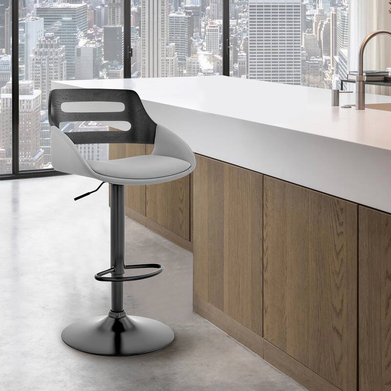 Karter Faux Leather and Wood Adjustable Swivel Bar Stool - Gray, Black and Black