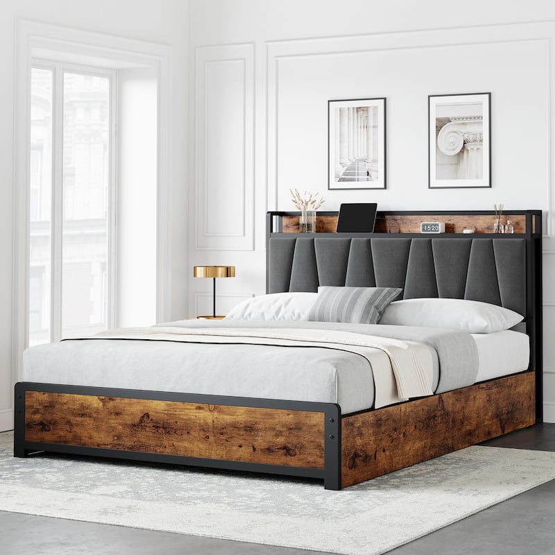 Bed Frame with 4 Storage Drawers and Linen Upholstered Headboard