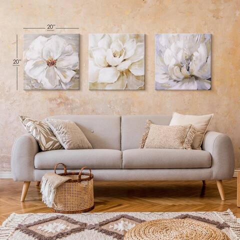 White, Grey & Gold Floral Canvas Wall Decor Art Print - 3 Piece Set