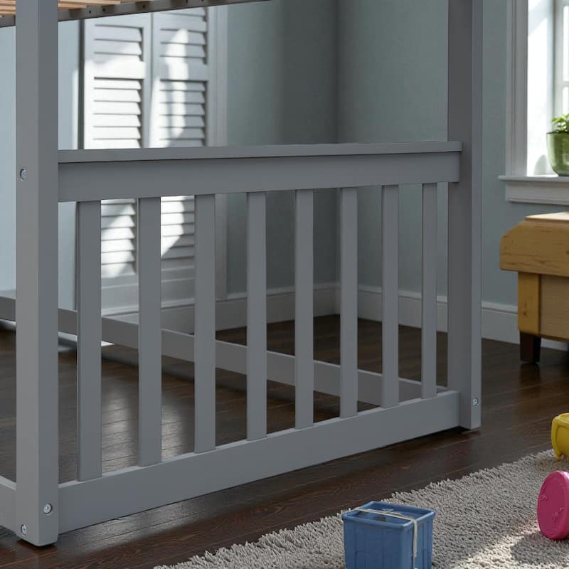 Twin Over Twin House Bunk Bed with Roof and Ladder, Solid Wood Frame, Playhouse Style Kids Bed, No Box Spring Needed