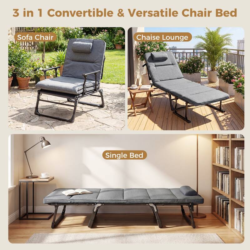 Gymax 3-in-1 Folding Camping Cot w/Mattress&6-Level Backrest Armrests