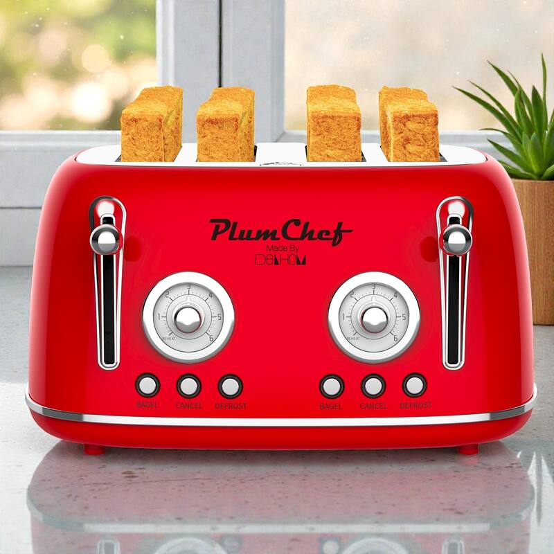 4 Slice Retro Style Toaster with Dual Control, Stainless Steel Toaster 1650W, 6 Browning Levels, Bagel Defrost - Red