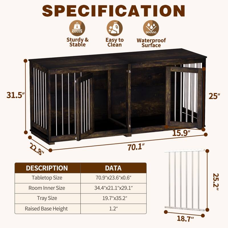 Large Dog Crate Furniture, 70" Dog Crate Kennel with Trays and Divider
