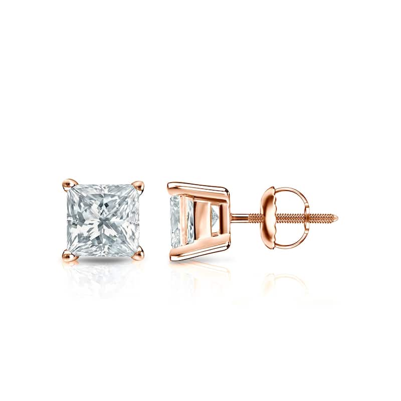Auriya 14k Gold Lab Grown Princess Diamond Stud Earrings 0.50 to 5.00 ct. tw. 4-Prong Basket Screw-Back (F-G VS) - Rose - 0.75 ct. tw.