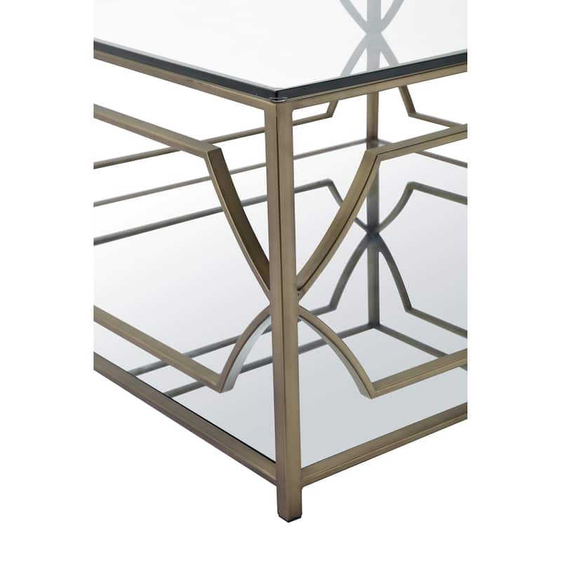 Square Coffee Table with Glass Top and Metal Frame, Brass